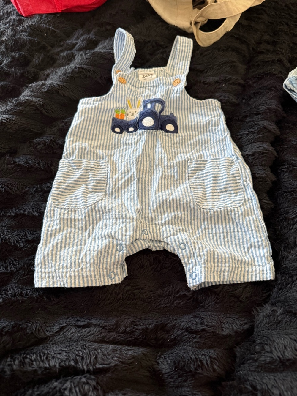 Baby Starters Blue and White Striped Overalls with Tractor Appliqué